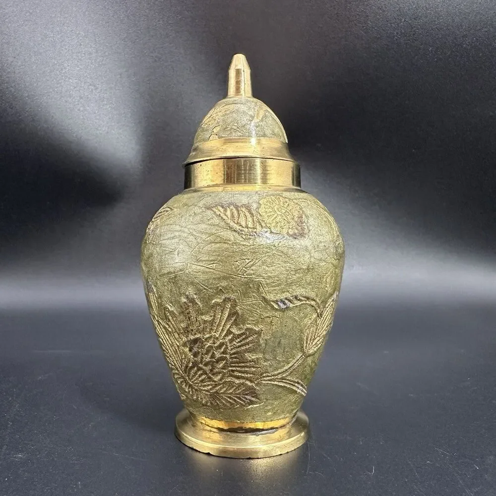 Vintage Anglo Indian Brass Decor Set Sage Green Enamel Pitcher & Lidded Jar